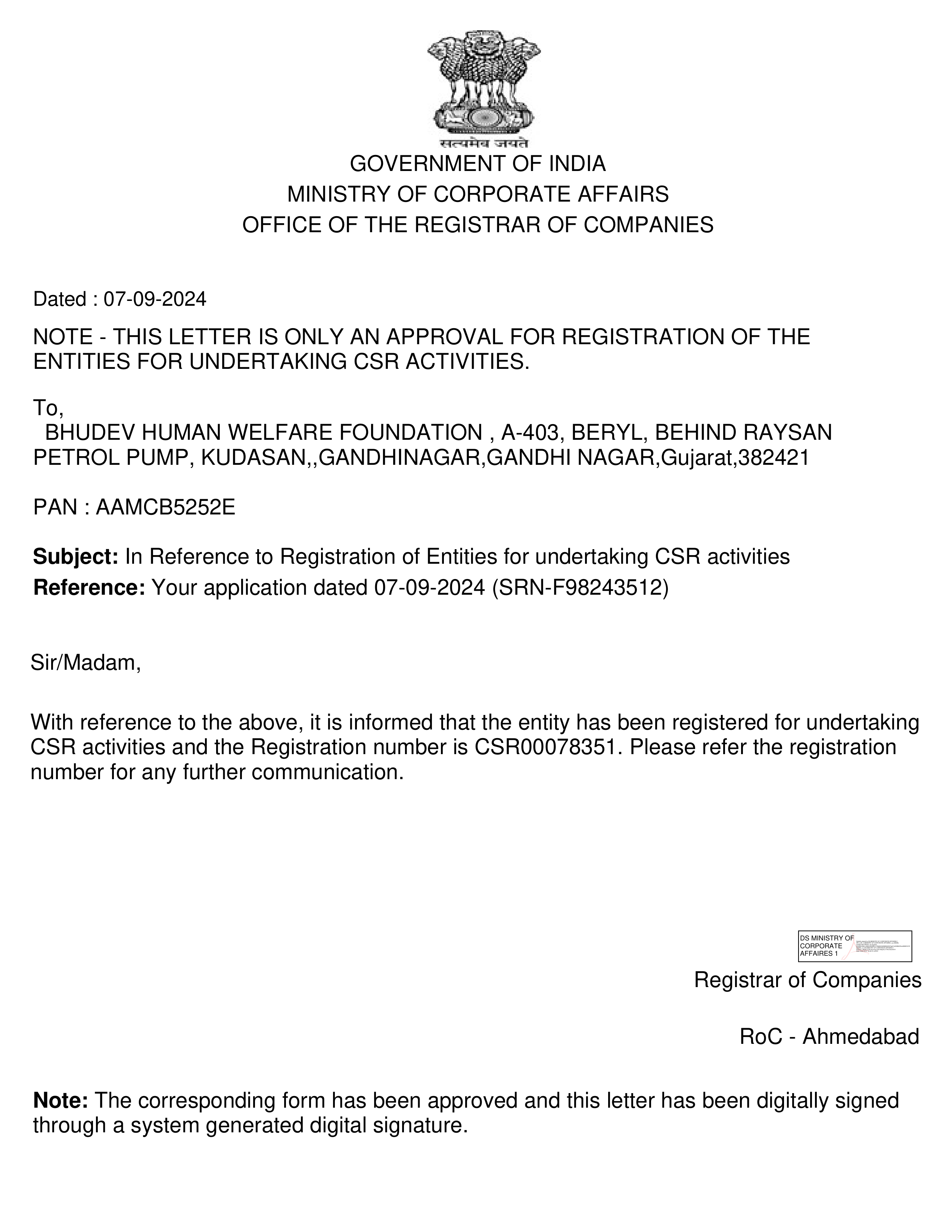 CSR-1 Approval Letter